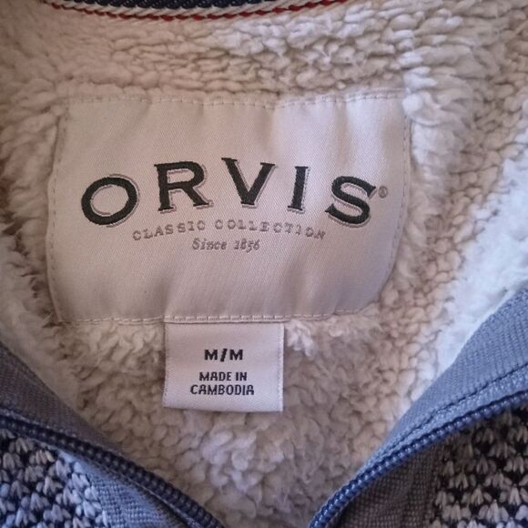 Orvis Light Gray Brighton Jacquard Knit 1/4 Zip Sherpa Lined Jacket Size Medium - Picture 8 of 10